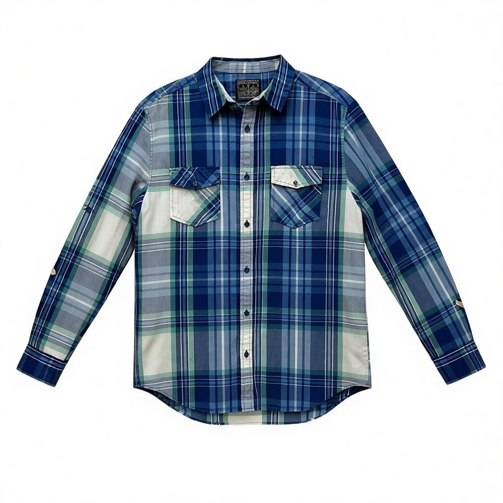 Straightfaded L Blue plaid Button Tab sleeve button down pearl‎ snap pockets